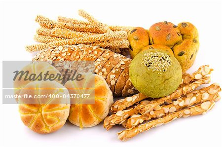 Variety of Organic Breads on white background