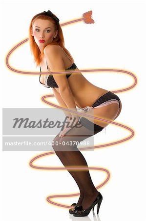 sexy redhead pin-up in black lingerie and black stocking