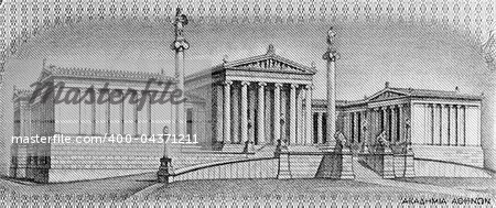 Academy of Athens on 100 Drachmai 1967 banknote from Greece. It is the national academy of Greece, and the highest research establishment in the country. The Academy's main building is one of the major landmarks of Athens.