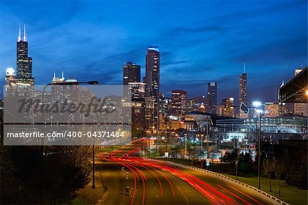 Image of modern dynamic city of Chicago at twilight.