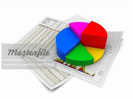 3d illustration of business documents and pie chart