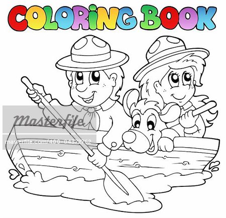 Coloring book with scouts in boat - vector illustration.