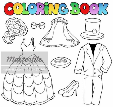 Coloring book with wedding clothes - vector illustration.