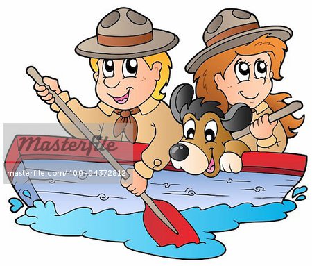 Wooden boat with scout boy and girl - vector illustration.