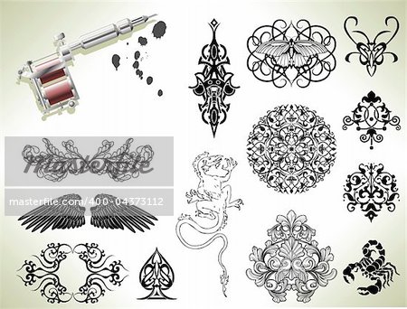 Series set of tattoo flash design elements with tattooists gun or machine