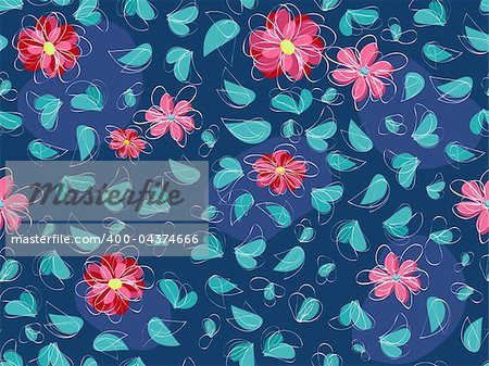 pink flower and green leaf at seamless pattern background on dark blue backdrop