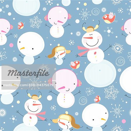 seamless pattern of cheerful snowmen and snowflakes with birdies on purple background