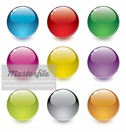 Vector illustration of 9 shiny, glossy, realistic, dimensional, colorful spheres; easy to edit
