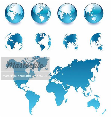 Vector illustration of 8 blue Earth globes and map of the world, easy to edit