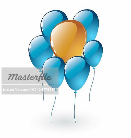 Vector brightly celebrating blue and orange balloons that  are isolated on white. Realistic glossy balloons are good for your design project. Easy to edit.