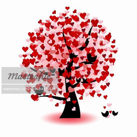 Abstract tree of love, hearts and birds