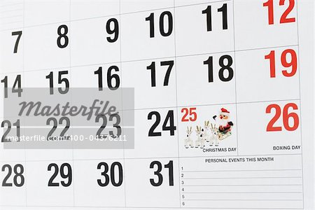 Calendar page showing December 25 Christmas Day and December 26 Boxing Day