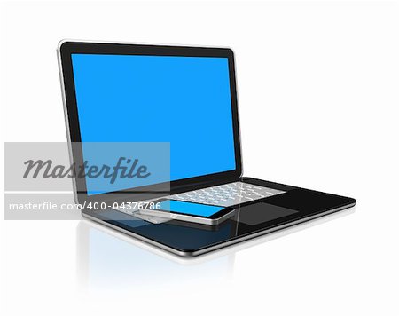 3D mobile phone on a laptop - isolated on white with 2 clipping path : one for global scene and one for the screen