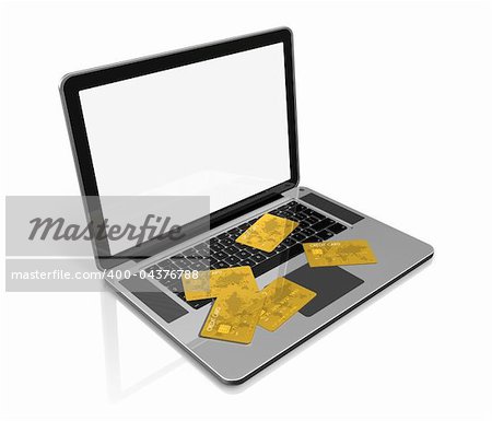 3D render of many gold credit cards on a laptop - isolated on white with clipping path