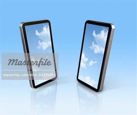 sky on two three dimensional connected mobile phones - screens clipping path