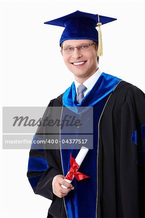 Young student with a diploma on white background