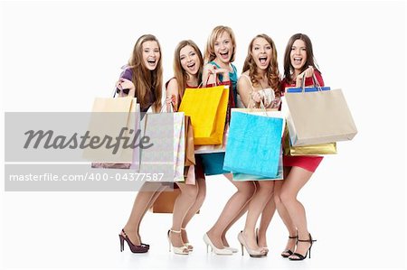 Screaming girls in dresses with shopping