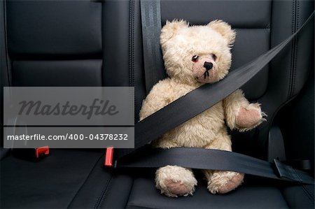 Teddy Bear buckled with safety belt in a car