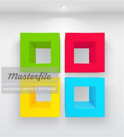 3d isolated Empty colorful shelves for exhibit. Vector illustration.