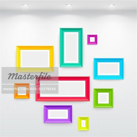 Gallery Interior with empty colorful frames on wall