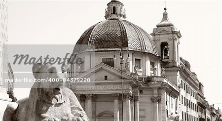 Piazza del Popolo and fountain lion in Rome Italy, black / white photo