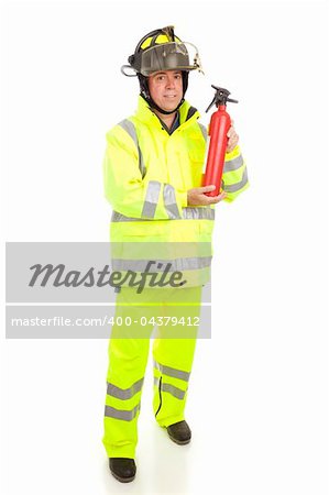 Fire fighter with fire extinguisher.  Full body isolated on white.