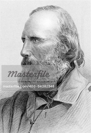 Giuseppe Garibaldi (1807-1882) on engraving from 1800s. Italian military and political figure. He is considered a national hero in Italy. Published in London by Virtue & Co.