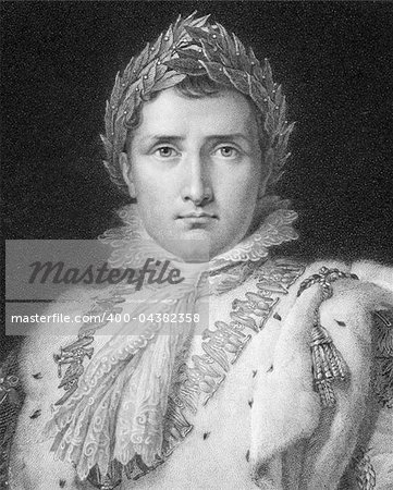 Napoleon Bonaparte (1769-1821) on engraving from 1800s. Emperor of France. One of the most brilliant individuals in history, a masterful soldier, an unequalled grand tactician and a superb administrator. Engraved by W.Holl after a picture by F.Gerard and published in London by Charles Knight.