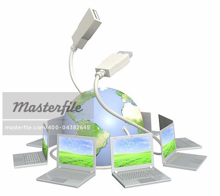 Conceptual image - global communication. Laptops and Earth