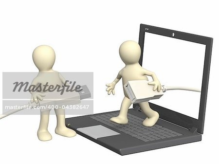3d puppets with laptop and usb cables. Isolated over white