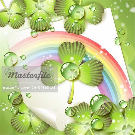 Sheet of paper with rainbow and clover over springtime background