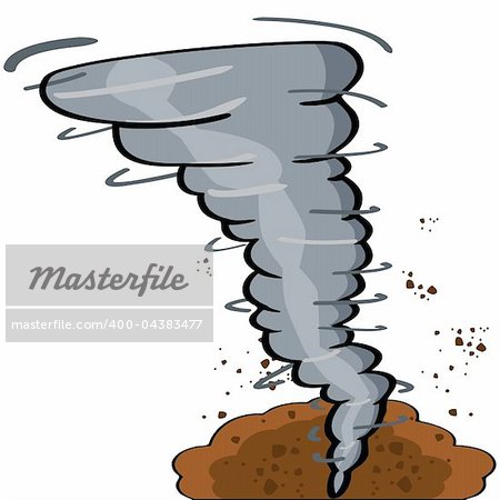 Cartoon illustration showing a tornado causing destruction