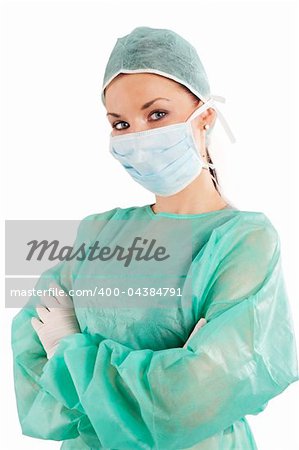 nurse in green operation dress over white looking in camera