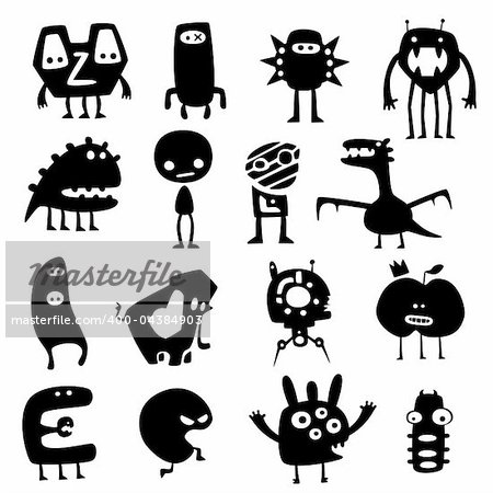 Collection of cartoon funny vector monsters silhouettes