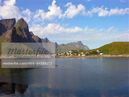 Norway village in Lofoten bay mountain landscape with sea