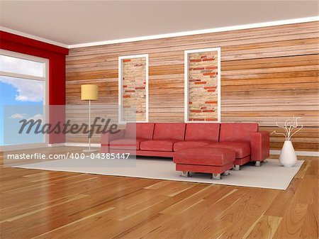 Interior of the modern room, wood wall, red sofa