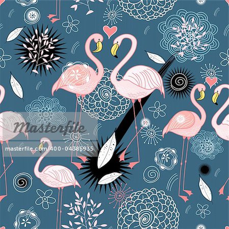 seamless pattern of pink flamingos in love on a blue background plant