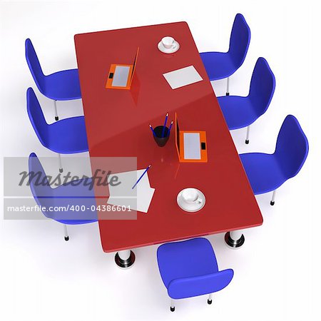 Conference room filled with desk and blue chairs