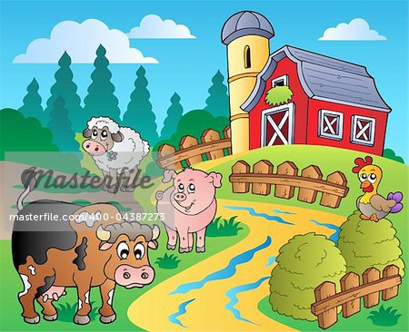 Country scene with red barn 1 - vector illustration.