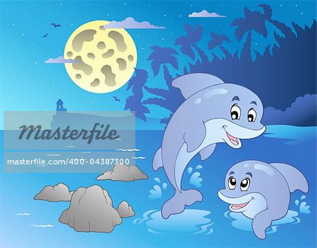 Night seascape with happy dolphins - vector illustration.