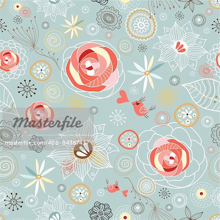 seamless decorative pattern with roses and birds on a light blue background with patterns