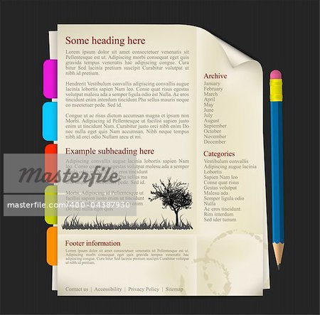 Web site template - sheet of paper with tabs and pencil