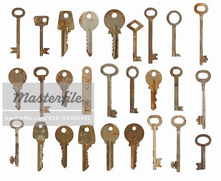 Collection of old used keys isolated on white background