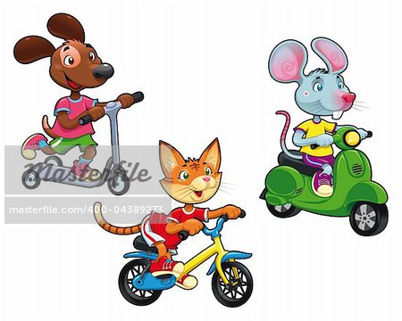 Animals on vehicles. Funny cartoon and vector isolated characters.