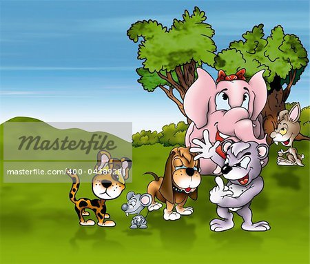 Animals Cartoon - Cheerful Background Illustration, Bitmap