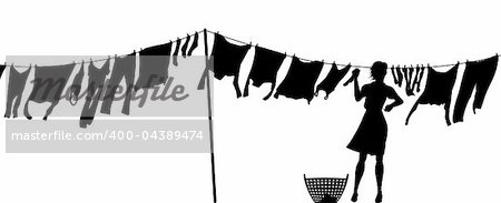 Editable vector silhouette of a woman hanging clothes on a washing line