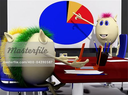 Three puppets discussing over colorful chart on screen