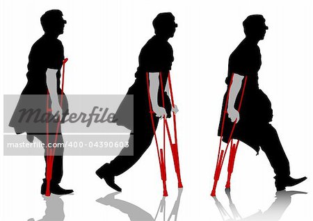 Vector drawing a patient man on crutches