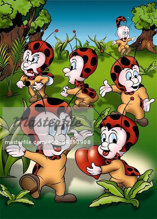 Ladybugs - Cartoon Background Illustration, Bitmap