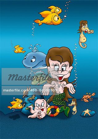 Mermaid - Cartoon Background Illustration, Bitmap